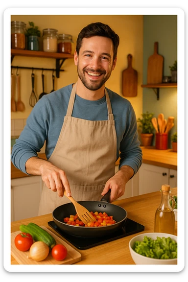 A man cooking, wearing an apron, bright and friendly atmosphere sticker