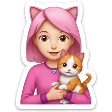 a happy girl in pink holding a calico cat, emoji style, icon sticker