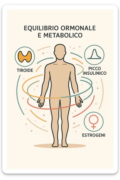 Il corpo è circondato da simboli delicati e bilanciati che rappresentano equilibrio ormonale e metabolico: piccoli cerchi, flussi energetici colorati, simboli stilizzati di tiroide, picco insulina, estrogeni. 4k immagine in italiano sticker