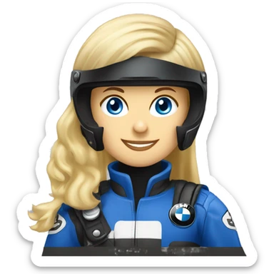 blond lady 50 years blue eyes on motorcycle bmw gs 700 wearing helmet sticker