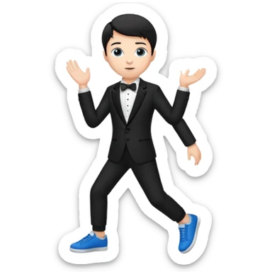 generate a pretty bratz fair skinned boy with short black hair wearing a black tux with blue sneakers sticker