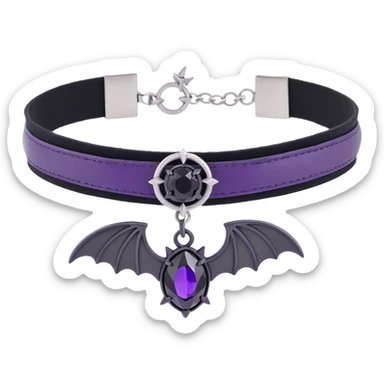 gothic choker with deep purple satin band, silver bat charm, black gemstone centerpiece, luxurious and gothic style sticker