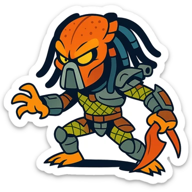 Predator, stylized cartoon version, exaggerated features, playful, bright colors, dynamic pose sticker