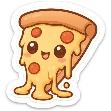 chibi sticker-style slice of pizza with extra cheese, cute and exaggerated sticker