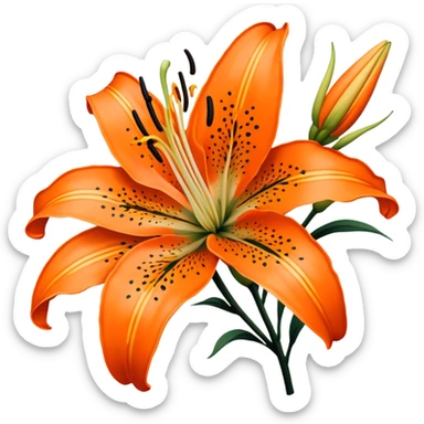 Japanese style tiger lily (oniyuri) flower in ukiyo-e inspired design, bright orange petals with distinctive black spots, curved-back petals, traditional composition like in Japanese woodblock prints sticker