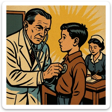 A doctor in the early 1900s examining the heart beat of a school child in a school room.  There is a female nurse recording measurements sitting at a desk next to the doctor sticker