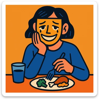 a person hiding their sadness and eating disorder, wearing a mask with a smile, sad eyes visible, food left uneaten, simple background, contemporary digital art style sticker