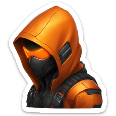 Side view developer behind his laptop with this style : crysis Cyberpunk Valorant orange glowing bright orange character orange black hooded assassin themed character sticker