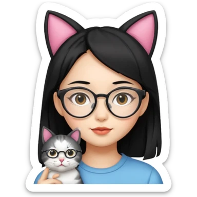 Asian girl with black hair glasses and cat ear cat sticker