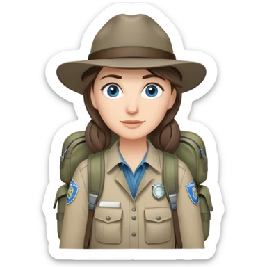 white woman park ranger with gray and brown hair, blue eyes, wearing a backpack sticker