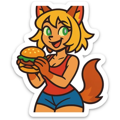 cartoon style furry girl with wolf ears and tail, short blonde hair, green amethyst eyes, hourglass body, loves food, playful expression sticker