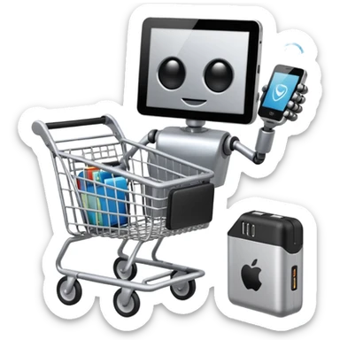 shopping cart containing a robot toy, e-reader, and portable charger sticker