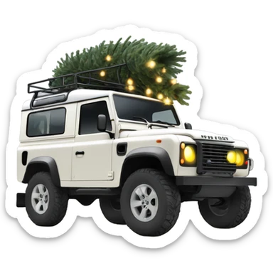 Off white old defender jeep with Christmas tree on the roof with Christmas lights, very small yellow lights  sticker