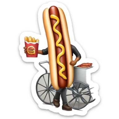 hot dog vendor holding a hot dog with a cart sticker