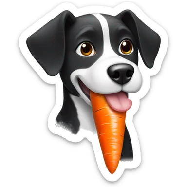 Black and white dog eating a carrot sticker