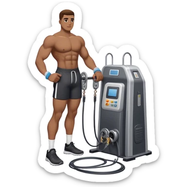 athlete standing next to cable-machine with cable tied to ankle cuffs (for leg exercise) sticker