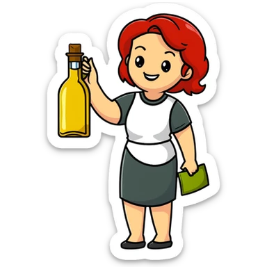 redhead woman with big smile holding olive oil bottle sticker