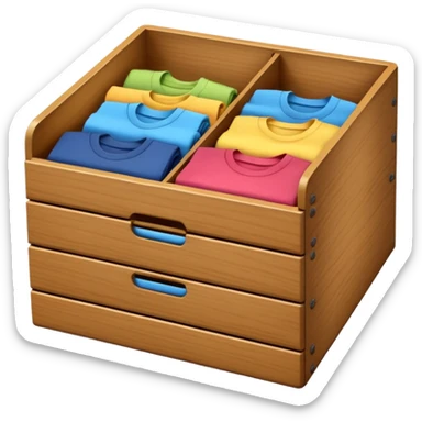 wooden storage box with folded clothes organized in compartments emoji style sticker