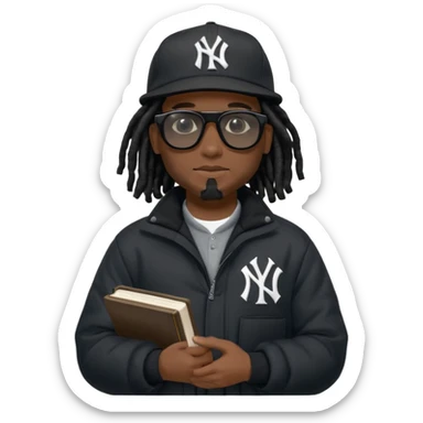 African American man with shoulder length black dreadlocks and black sunglasses wearing a black New York Yankees baseball hat with a North Face brand bubble winter coat holding a bible sticker