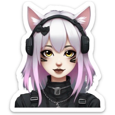 Gorgeous gothic dark techwear cyberpunk anime style anthro cat with blushing face aesthetic and pretty edgy black with collar and harness trending style sticker