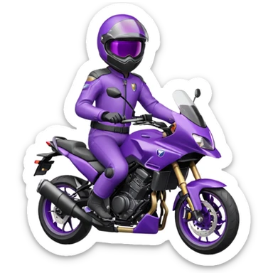 Créer un emoji avec une moto mt07 sport noir mate / violet iridescent très foncé, pare-brise de la moto violet. Avec une pilote dessus visière violet sombre visage caché . Avec fond arrière violet en arrière plan. sticker