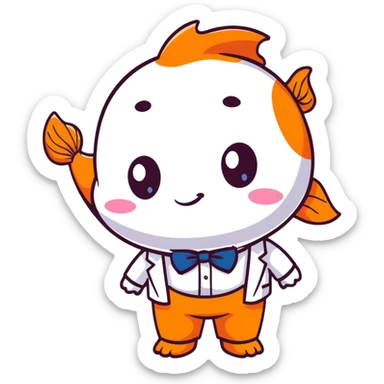 A super kawaii koi fish character with enormous cute eyes, blushing cheeks, bubbly playful expression, orange and white patterns, wearing a tiny business suit with bowtie sticker