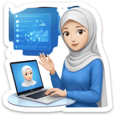 computer engineer with white hijab wearing blue outfit, no glasses, presenting her metaverse creation with a large digital screen behind her displaying virtual worlds and code, laptop open in front of her showing programming interface sticker