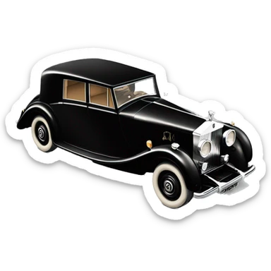 Vintage 1930s Rolls-Royce with sleek black body, round headlights, silver grille, Spirit of Ecstasy hood ornament, and chrome wheel caps sticker