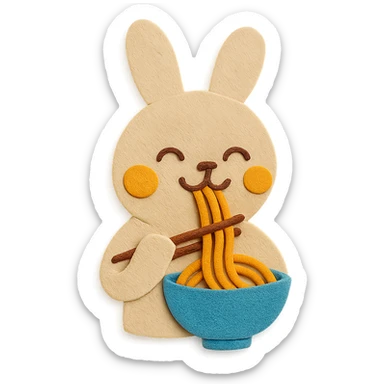 beige bunny happily slurping noodles, chopsticks held properly, paper-craft style sticker