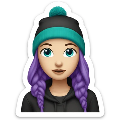 White girl, black hoodie, teal hair, purple beanie hat, blue eyes sticker