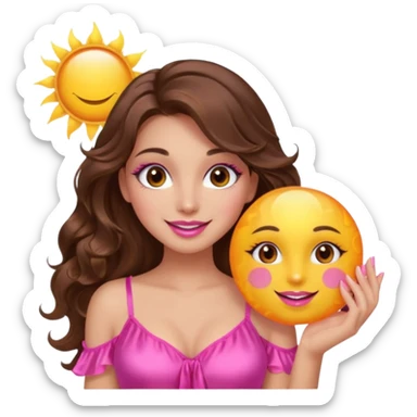 girl with long wavy brown hair, brown eyes, long lashes makeup, sexy pink lips, smiling, light to medium complexion, wearing a pink sexy silk top, holding a big sun sticker