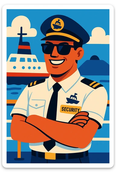 a ship security guard with sunglasses, smiling, in a crisp uniform, with a subtle ship motif, vibrant toon style sticker