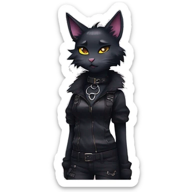 Gorgeous furry gothic dark techwear anime style anthro black cat furry sona Fakemon with blushing face aesthetic and pretty edgy black with collar and harness trending style sticker
