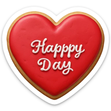 Heart-shaped cookie with red icing emoji, write 'Happy Valentine's day' on top of the red icing in white icing sticker