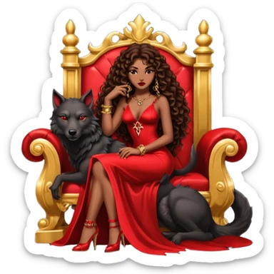 Lilith symbol seductress evil brown curly long hair haired, sexy succubus woman with red and black Chanel dress sitting on a Black and gold throne. A large black wolf laying beside he sticker