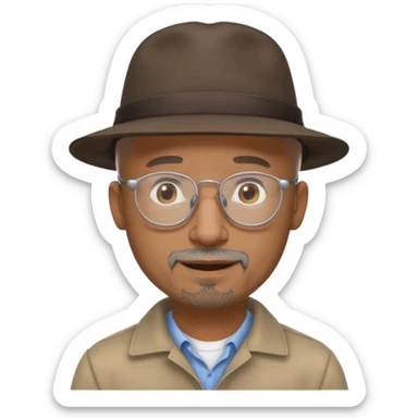 Brown man with wide rimmed hat no hair, gray goatee, clear glasses and slightly smiling sticker