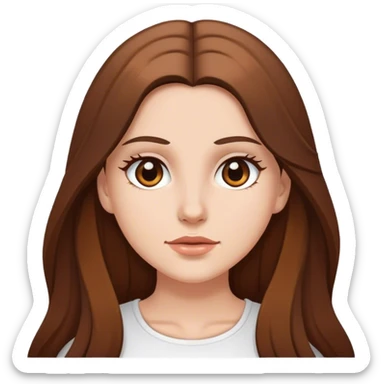 A white girl with long brown hair and brown eyes. She is iconic and is wearing a white top sticker