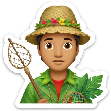 Hawaiian man with leaf hat and fishing net and colorful cloth sticker