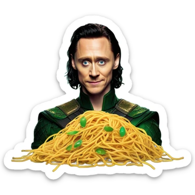 Tom Hiddleston as Loki holding stickers Thats lights and looks spagetti somewhere In the galaxy endless sticker