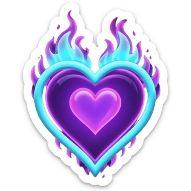 futuristic minimalistic fire heart made of purple (#8B5CF6) and cyan (#00E0FF) neon lines, dark background, digital tech aesthetic, no face, 1:1 aspect ratio sticker