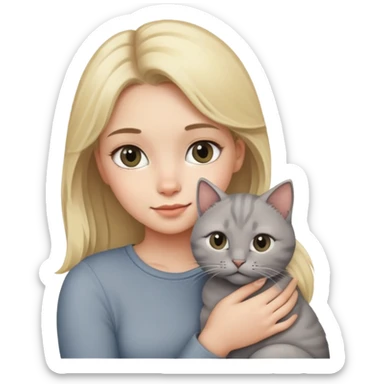 A girl with blond hair with a gray cat in her arms sticker