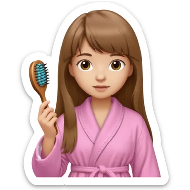 a girl with light skin and medium brown long hair with bangs who is brushing her hair with a hairbrush and she is wearing a light pink bathrobe sticker