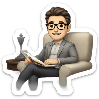 Pale skinned Fit Man With dark brown hair in gray jacket, beige office shirt and vintage glasses sitting In a soft chair with a notebook with emblem Ψ and a pen in his hands sticker