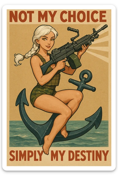 a retro military pinup " not my choice, simply my destiny "
; female figure young,gorgeous, white hair 1 braid, gold yellow eyes, riding side-saddle on a massive anchor , with a massive LMG 249,  wearing a swimsuit and bdu bottom with plate-carrier sticker
