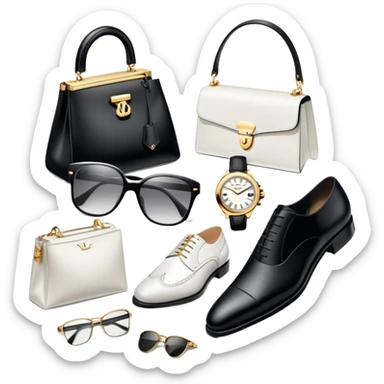 1 bag and 1 watch, and 1 glasses, 1 pair of shoes, and 1 watch rolex, all BLACK AND WHITE AND SILVER OR WHITE PLATED GOLD put together like a bundle with no face, all luxury items like lv and prada, and rolex, and balenciaga sticker