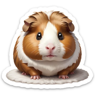 Cinematic Cute Brown and White Banded Guinea Pig Portrait Emoji, Head tilted playfully and inquisitively, showcasing a fluffy coat with playful brown and white banded patterns, round, sparkling dark eyes filled with curiosity, Simplified yet irresistibly adorable features, highly detailed, glowing with a warm, friendly glow, high shine, affectionate and spirited, stylized with a touch of whimsy, bright and endearing, soft glowing outline, capturing the essence of a mischievous yet loving guinea pig, so playful it feels like it could dash out of the screen and into your arms! sticker