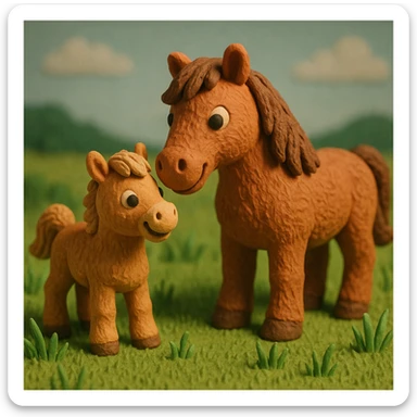 foal and mare together, cute and cheerful, detailed fur, in a grassy meadow, claymation style sticker
