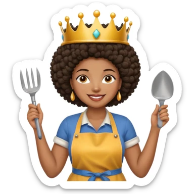 Mujer curvy afro, con vestimenta cómoda y delantal,con una corona sobre su cabeza y sonrisa contagiosa. En la mano herramientas de trabajo pesado sticker