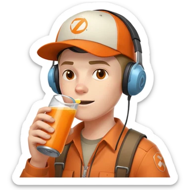 Team Fortress 2 Scout drinking BONK! Atomic Punch orange can, wearing headset and baseball cap, canonical appearance sticker