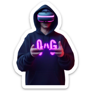 Russian man wearing a black hoodie with "OMG" letters on it and VR headset oculus quest 2 in a cyberpunk VR environment with violet neon lighting. Showing direction with hand sticker